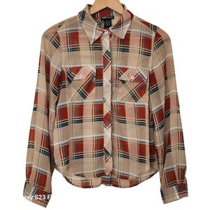Vtg Y2K Wet Seal Sheer Button Down Top Brown Plaid Button Back Soft Grunge 00s